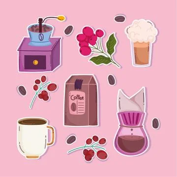 Coffee brewing methods, manual grinder pack cups drip maker branches and seeds Stock Illustration