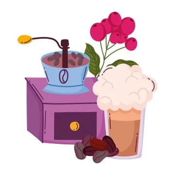 Coffee brewing methods, manual grinder frappe and seeds Illustrazione stock