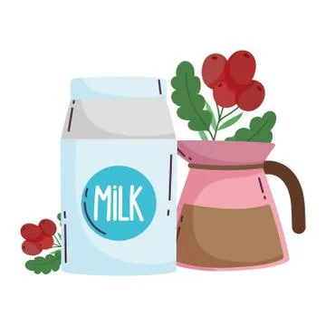Coffee brewing methods, milk box and kettle with seeds Illustrazione stock