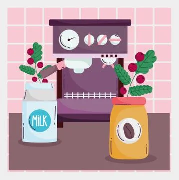 Coffee brewing methods, milk product bottle espresso machine and seeds Illustrazione stock
