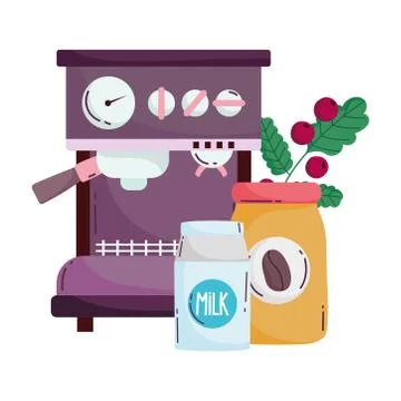 Coffee brewing methods, milk product bottle espresso machine and seeds Illustrazione stock