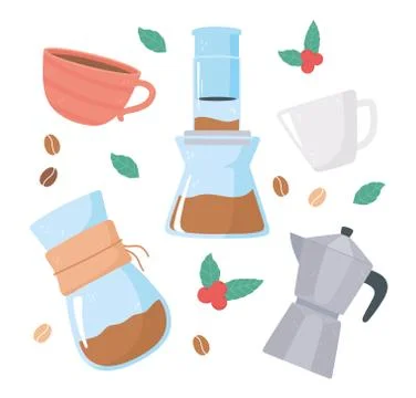 Coffee brewing methods, moka pot aeropress and coffee cups with seeds and leaf Illustrazione stock