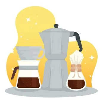 Coffee brewing methods, moka pot, chemex and pour over Stock Illustration