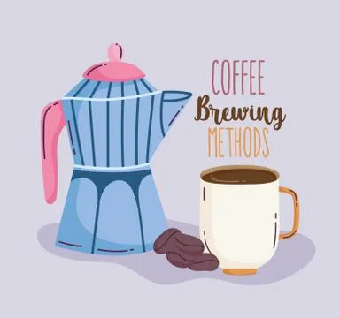 Coffee brewing methods, moka pot cup and seeds Stock Illustration