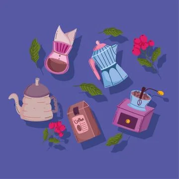 Coffee brewing methods, moka pot drip grinder kettle pack seeds and cezve Stock Illustration