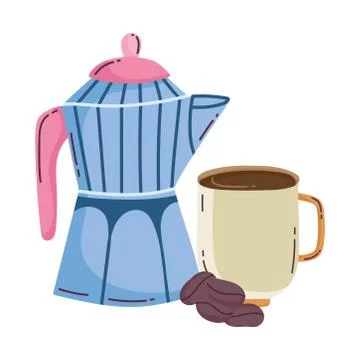 Coffee brewing methods, moka pot cup and seeds Illustrazione stock