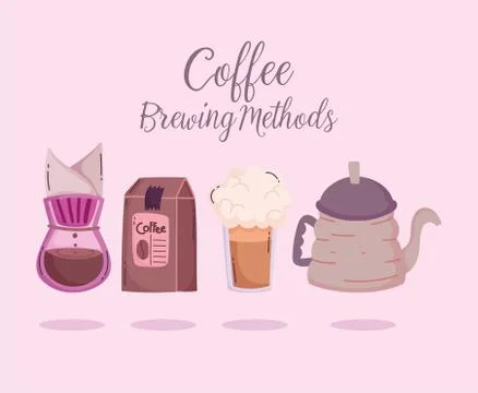 Coffee brewing methods, pack product drip maker kettle and frappe Stock Illustration