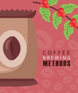 Coffee brewing methods poster with bag and beans plant Stock Illustration