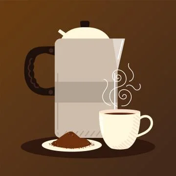 Coffee brewing methods, pot coffee cup and seeds in saucer Stock Illustration