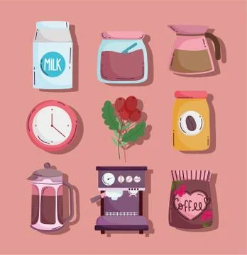 Coffee brewing methods, set icons kettle machine maker sugar milk and clock Illustrazione stock