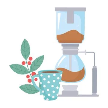 Coffee brewing methods, syphon and coffee cup branch seeds Illustrazione stock