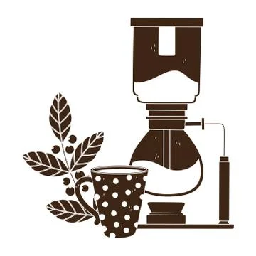 Coffee brewing methods, syphon and coffee cup branch seeds silhouette icon style Illustrazione stock