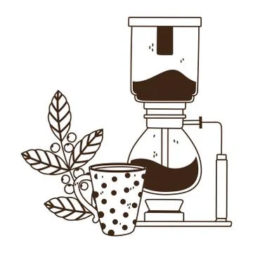Coffee brewing methods, syphon and coffee cup branch seeds line style Illustrazione stock