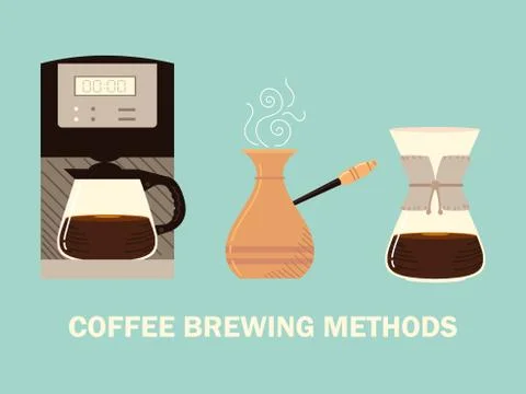Coffee brewing methods, turkish cezve drip and digital machine coffee Stock Illustration