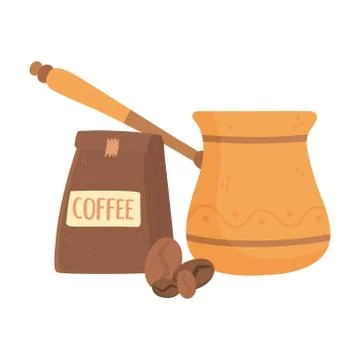 Coffee brewing methods, turkish package and seeds Stock Illustration