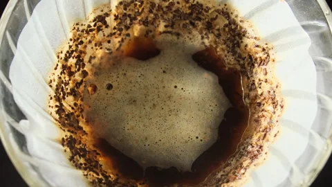 Coffee brewing in pour-over filter with water and coffee grounds Stock Footage 306617801