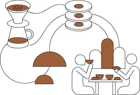 Coffee brewing process illustration, people enjoying coffee together, cafe .. Ilustração Stock