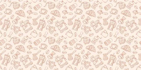 Coffee brewing tool, cup, beans and pastry in seamless line art style pattern Stock Illustration