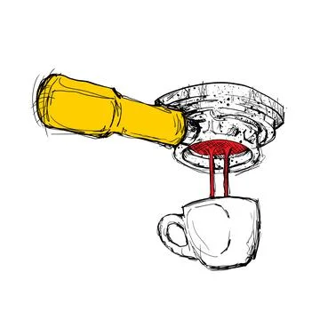 Coffee brewing with a yellow espresso machine in a busy cafe setting during.. Stock Illustration
