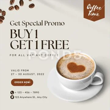 Coffee buy one get one free promotion with heart latte art Plantilla PSD
