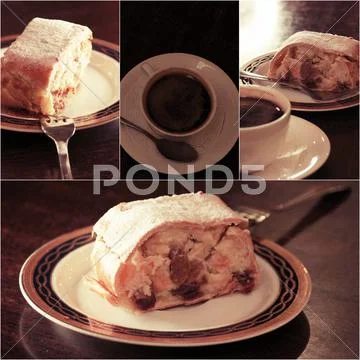 Coffee with cake collage set of images, toned, selective focus, low key Stock Photos