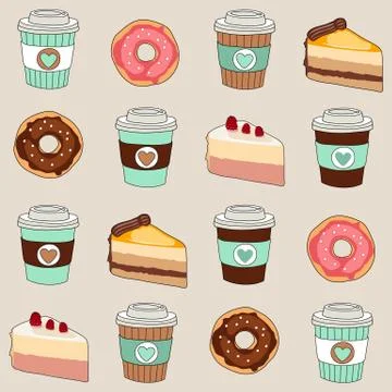 Coffee, cakes and donuts vector seamless pattern Illustrazione stock