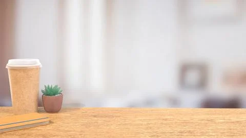 The coffee cap on wood table for Background concept 3d rendering. Stock Illustration