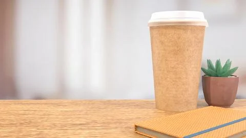 The coffee cap on wood table for Background concept 3d rendering. イラスト素材