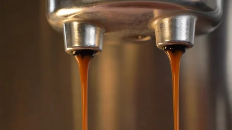 Coffee Cappuccino Maker. Closeup bar espresso machine filter pouring beverage Stock Footage 126684384