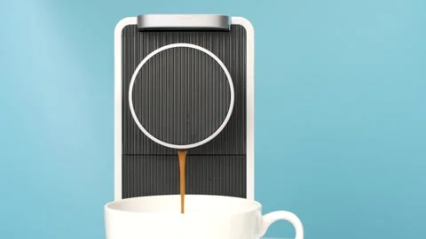 Coffee from capsule coffee machine is poured into white cup close-up on a blue Stock Footage 269124498