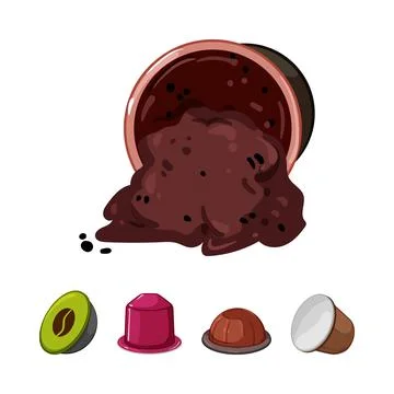 Coffee capsule spilling grounds next to other pods Stock Illustration