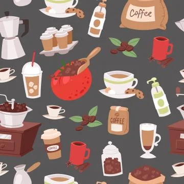 Coffee cartoon objects vector seamless pattern. Illustration of coffee drink Stock Illustration