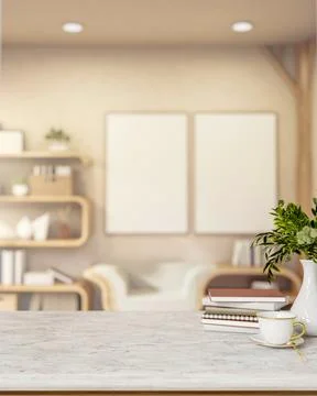 Coffee in ceramic cup and plant pot vase on marble table across sofa and bo.. Stock Illustration