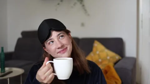 Coffee changes her morning mood Stock-Footage 341233306