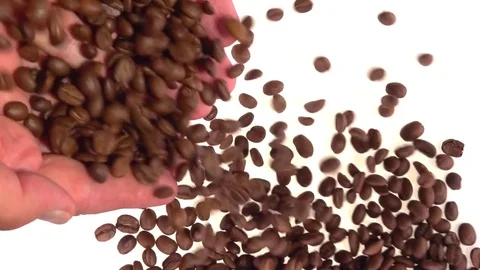 Coffee. Coffee beans are poured from the hands onto a white table. Stock-Footage 81828032