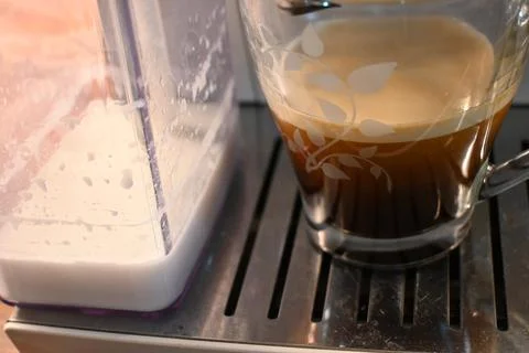 Coffee in Coffee Machine Close-Up, Brewing Process Concept Stock-Fotos