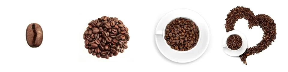 Coffee collage. Coffee beans in a Cup. Heart made of coffee beans. Coffee bean Stock Photos