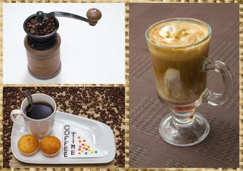 Coffee collage with mill cup cake Stock Photos