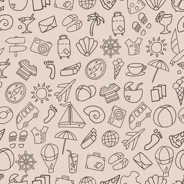 Coffee colored seamless pattern with doodle painted cartoon travel items Stock Illustration