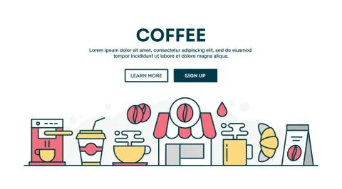 Coffee, colorful concept header, flat design thin line style Illustrazione stock