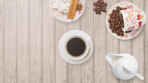 Coffee composition with sugar and aromatic spices like cinnamon and anise . C Stock Photos