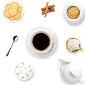 Coffee composition with sugar, pastry, cookies and aromatic spices like cinna Stock Photos