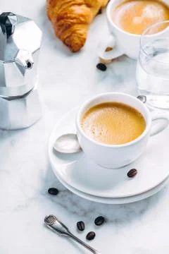 Coffee composition on white marble background. Coffee espresso in white cups Stock Photos