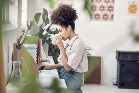 Coffee, computer and remote work with woman in home office for design, planning 스톡 사진