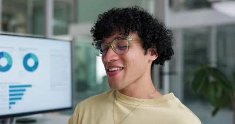 Coffee, computer screen and data with man in office for break or review of Video stock 335800599
