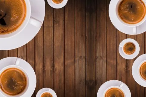Coffee concept copy space. white coffee cups on wood boards background with c Ilustração Stock
