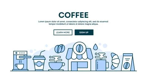 Coffee, concept header, flat design thin line style Stock Illustration