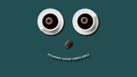 Coffee concept with text turning into a smile and positive vibes theme on gray Stock Footage 336124244