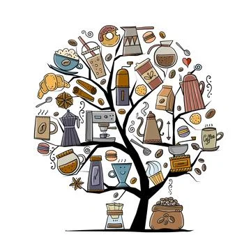 Coffee concept tree for your design. French press, cup of coffee, latte Stock Illustration