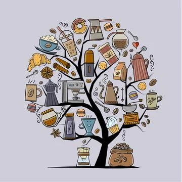 Coffee concept tree for your design. French press, cup of coffee, latte Stock Illustration